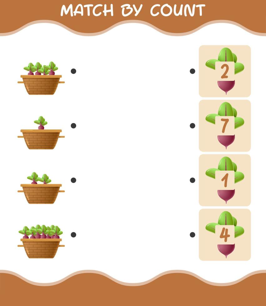 Match by count of cartoon beet. Match and count game. Educational game for pre shool years kids and toddlers vector