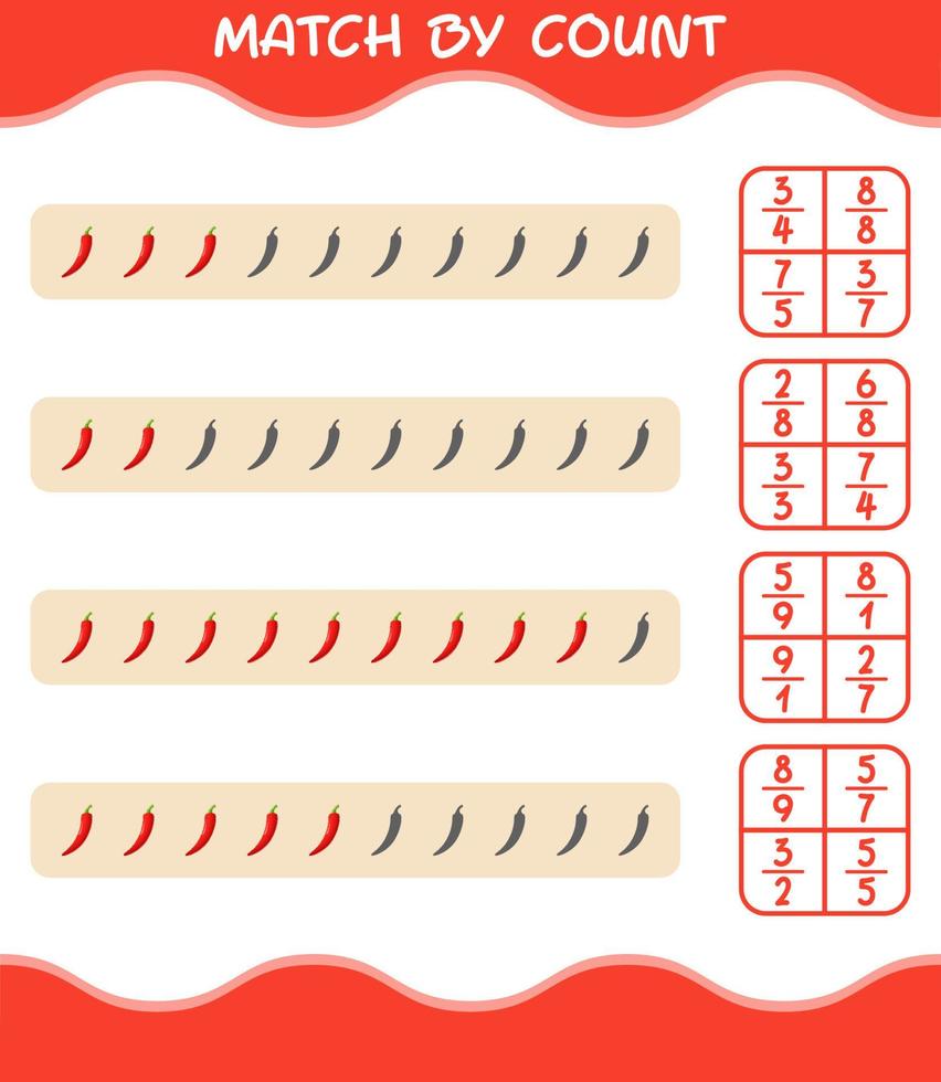 Match by count of cartoon red chilli. Match and count game. Educational game for pre shool years kids and toddlers vector