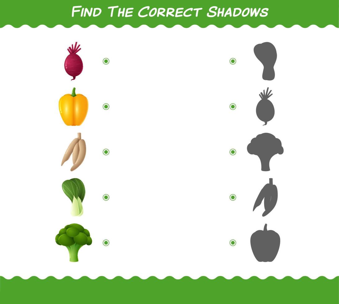 encuentra las sombras correctas de las verduras de dibujos animados. juego de búsqueda y combinación. juego educativo para niños y niños pequeños en edad preescolar vector