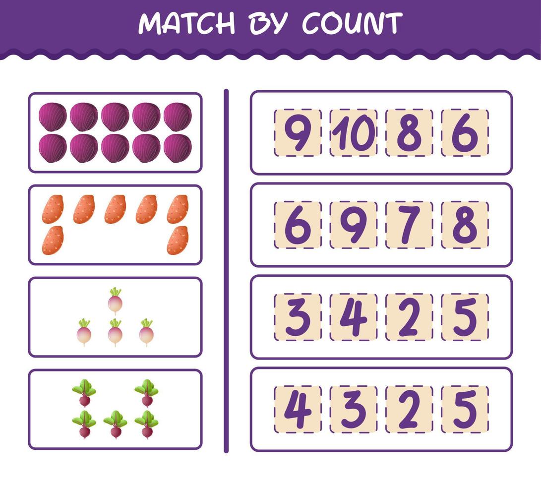 Match by count of cartoon vegetables. Match and count game. Educational game for pre shool years kids and toddlers vector