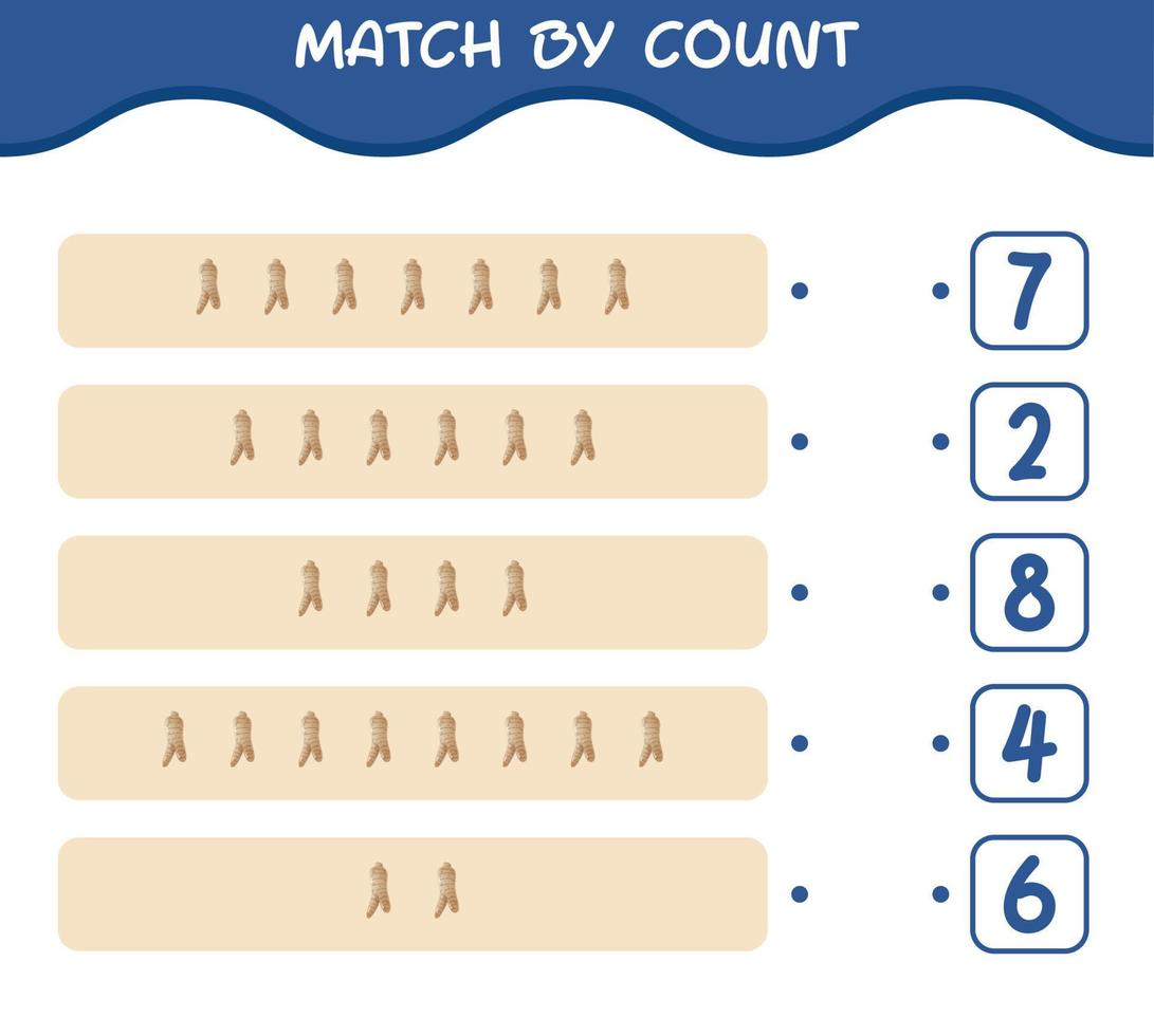 Match by count of cartoon ginseng. Match and count game. Educational game for pre shool years kids and toddlers vector
