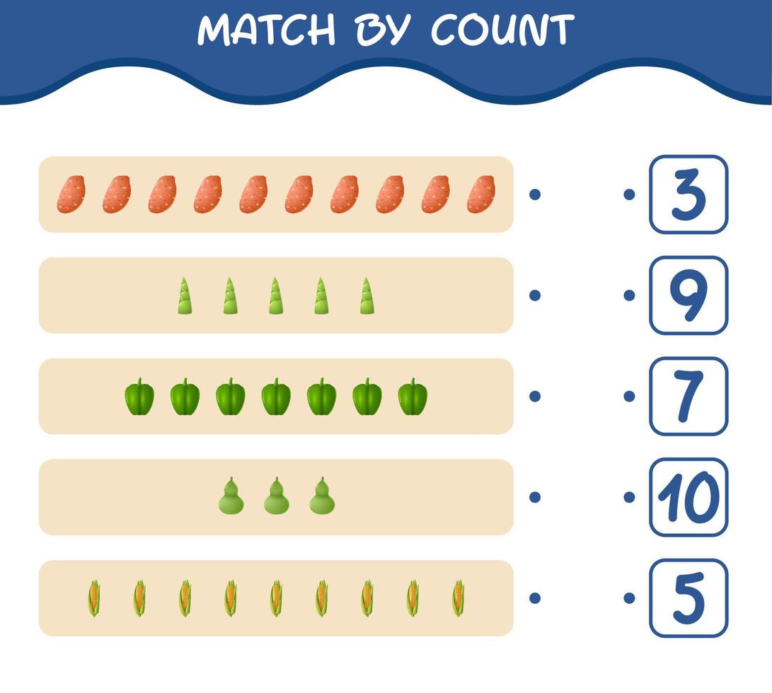 Match by count of cartoon vegetables. Match and count game. Educational game for pre shool years kids and toddlers vector