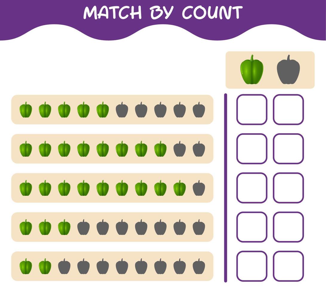 Match by count of cartoon bell pepper. Match and count game. Educational game for pre shool years kids and toddlers vector