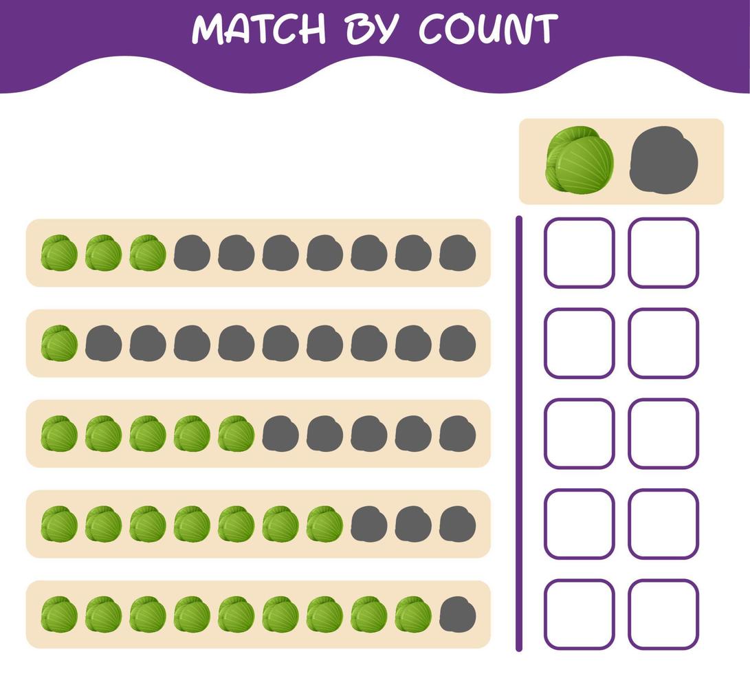 Match by count of cartoon green cabbage. Match and count game. Educational game for pre shool years kids and toddlers vector