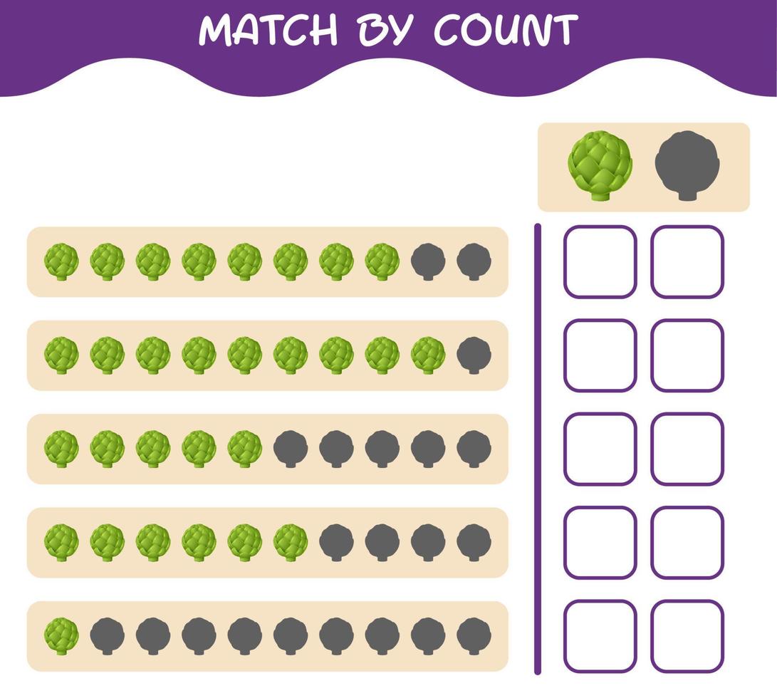 Match by count of cartoon artichoke. Match and count game. Educational game for pre shool years kids and toddlers vector