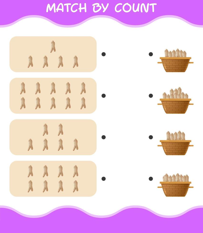 Match by count of cartoon ginseng. Match and count game. Educational game for pre shool years kids and toddlers vector