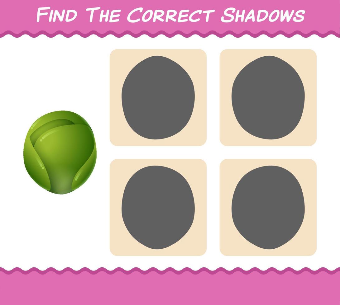 Find the correct shadows of cartoon brussels sprout. Searching and Matching game. Educational game for pre shool years kids and toddlers vector