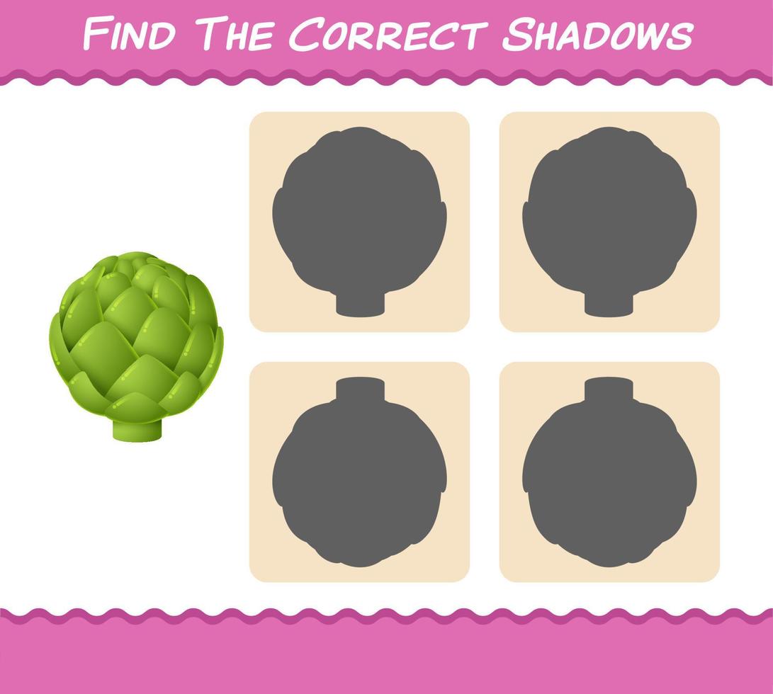 Find the correct shadows of cartoon artichoke. Searching and Matching game. Educational game for pre shool years kids and toddlers vector