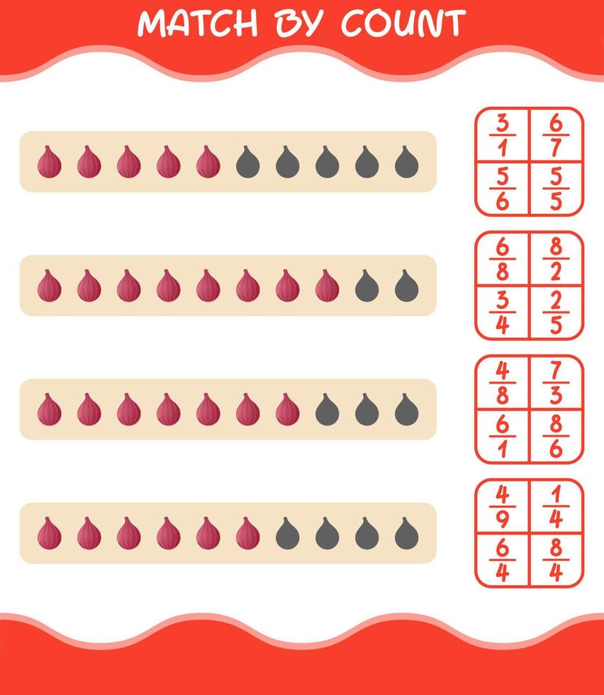 Match by count of cartoon red onion. Match and count game. Educational game for pre shool years kids and toddlers vector