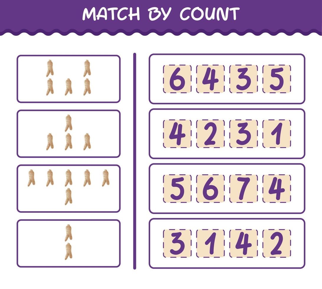 Match by count of cartoon ginseng. Match and count game. Educational game for pre shool years kids and toddlers vector