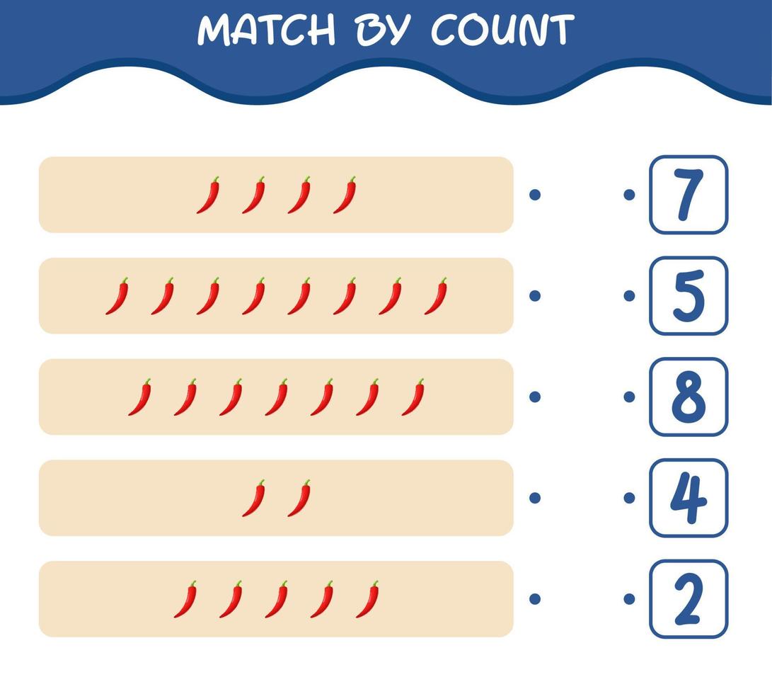 Match by count of cartoon red chilli. Match and count game. Educational game for pre shool years kids and toddlers vector