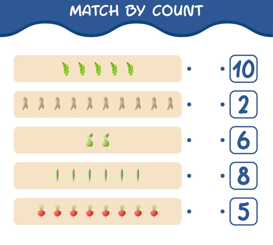 Match by count of cartoon vegetables. Match and count game. Educational game for pre shool years kids and toddlers vector