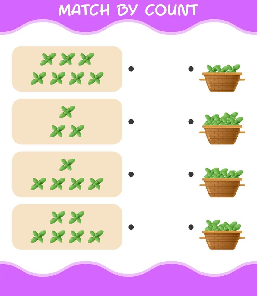 Match by count of cartoon mint leaf. Match and count game. Educational game for pre shool years kids and toddlers vector