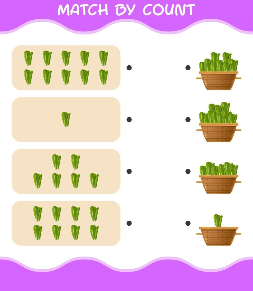 Match by count of cartoon lettuce. Match and count game. Educational game for pre shool years kids and toddlers vector