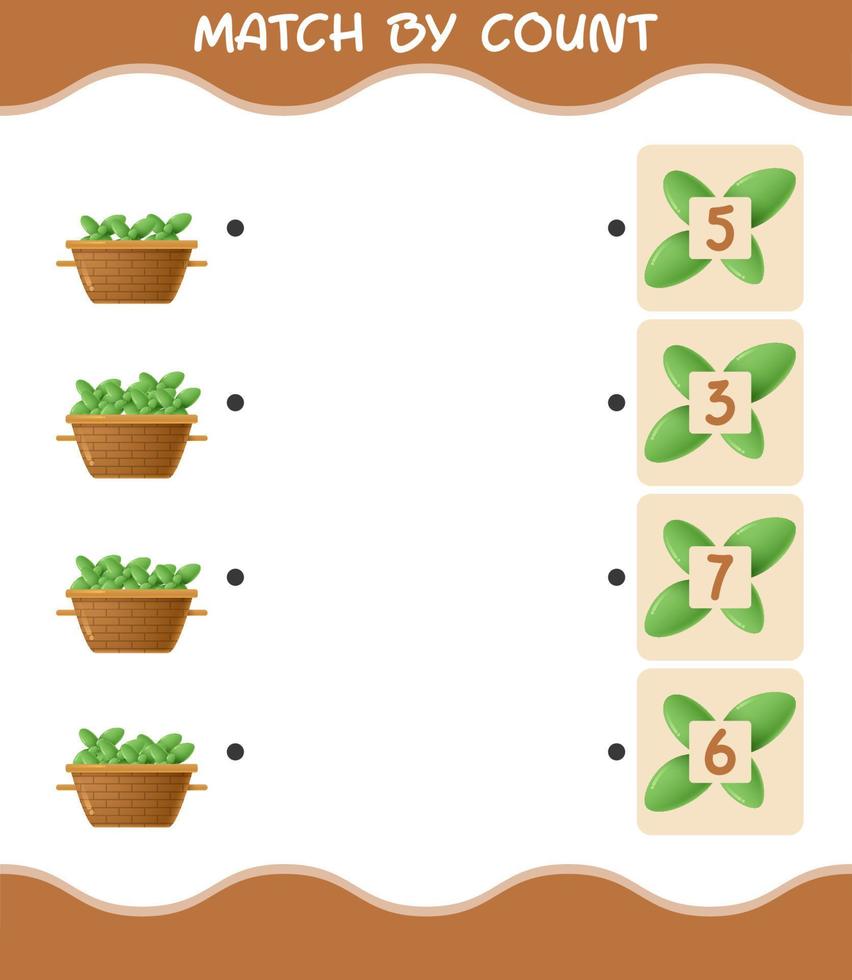 Match by count of cartoon mint leaf. Match and count game. Educational game for pre shool years kids and toddlers vector