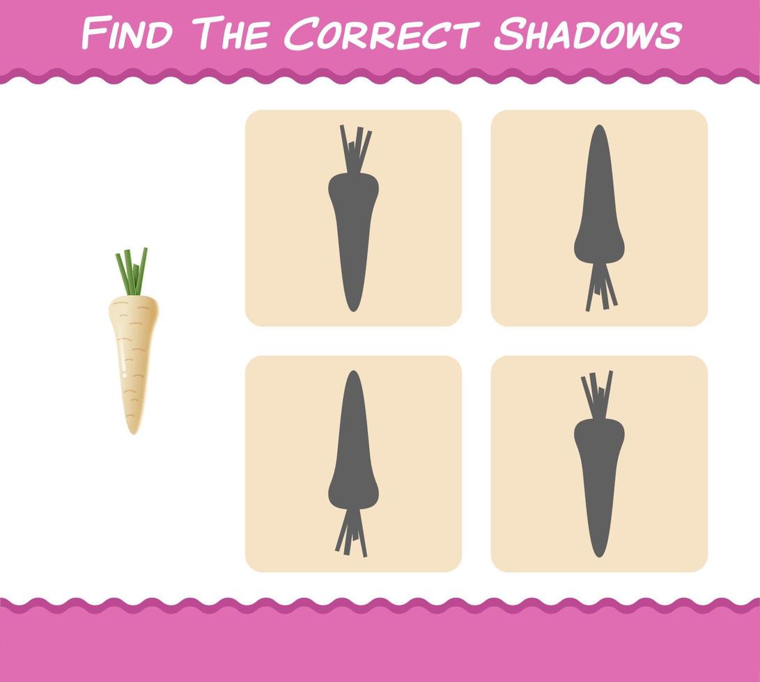 Find the correct shadows of cartoon parsnip. Searching and Matching game. Educational game for pre shool years kids and toddlers vector