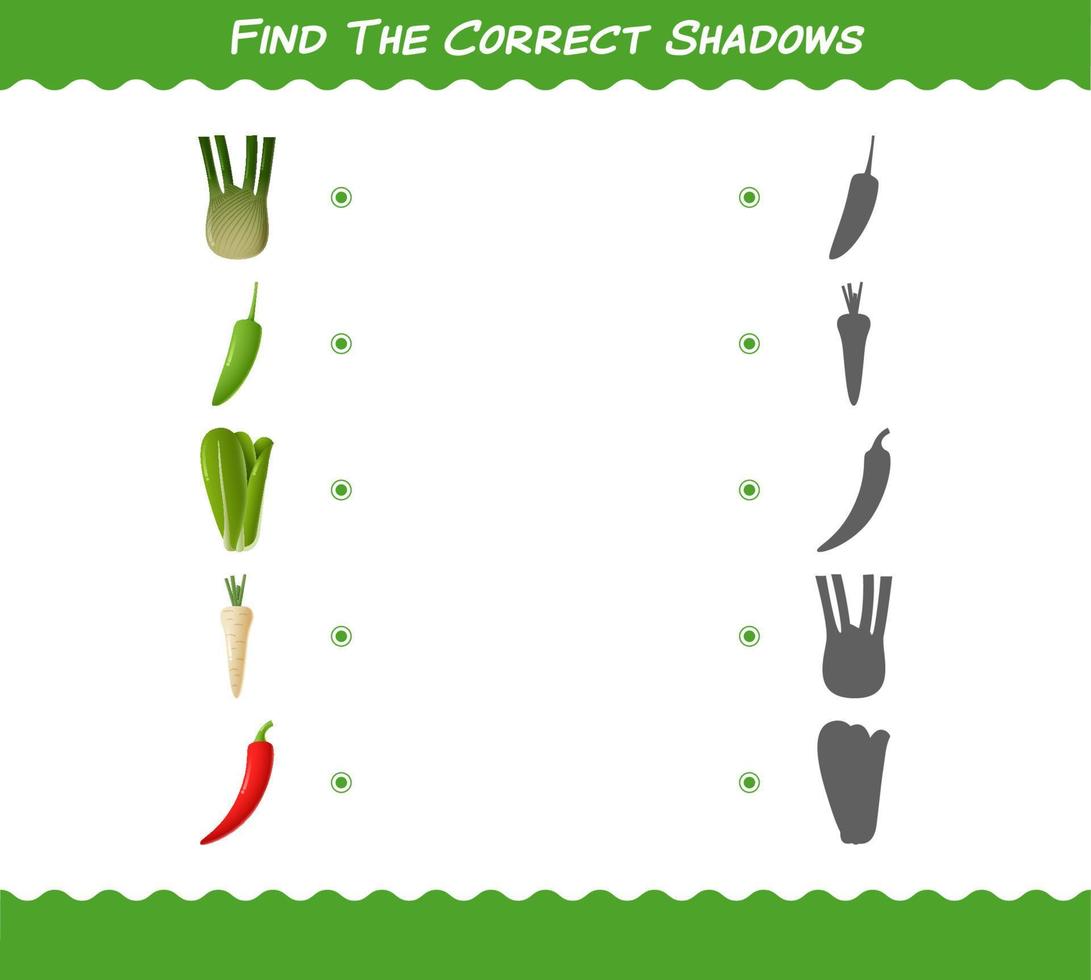 encuentra las sombras correctas de las verduras de dibujos animados. juego de búsqueda y combinación. juego educativo para niños y niños pequeños en edad preescolar vector