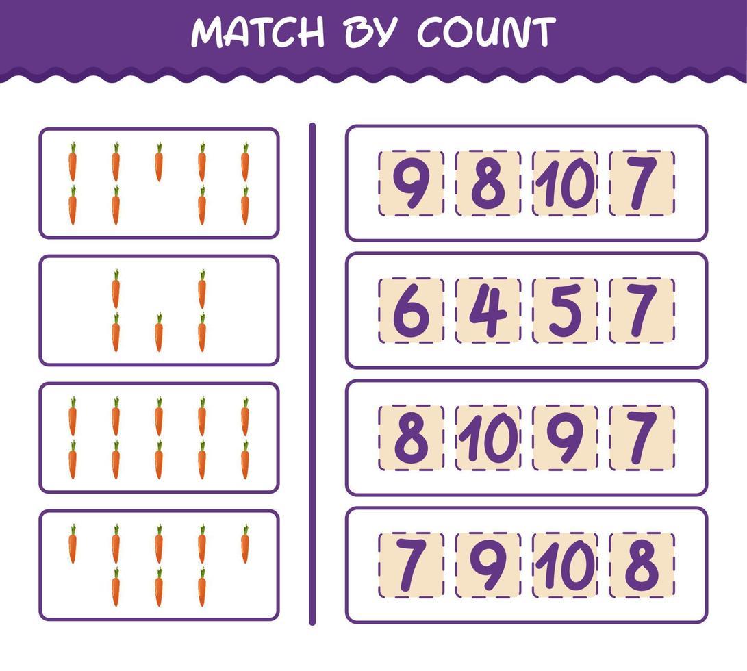Match by count of cartoon carrot. Match and count game. Educational game for pre shool years kids and toddlers vector