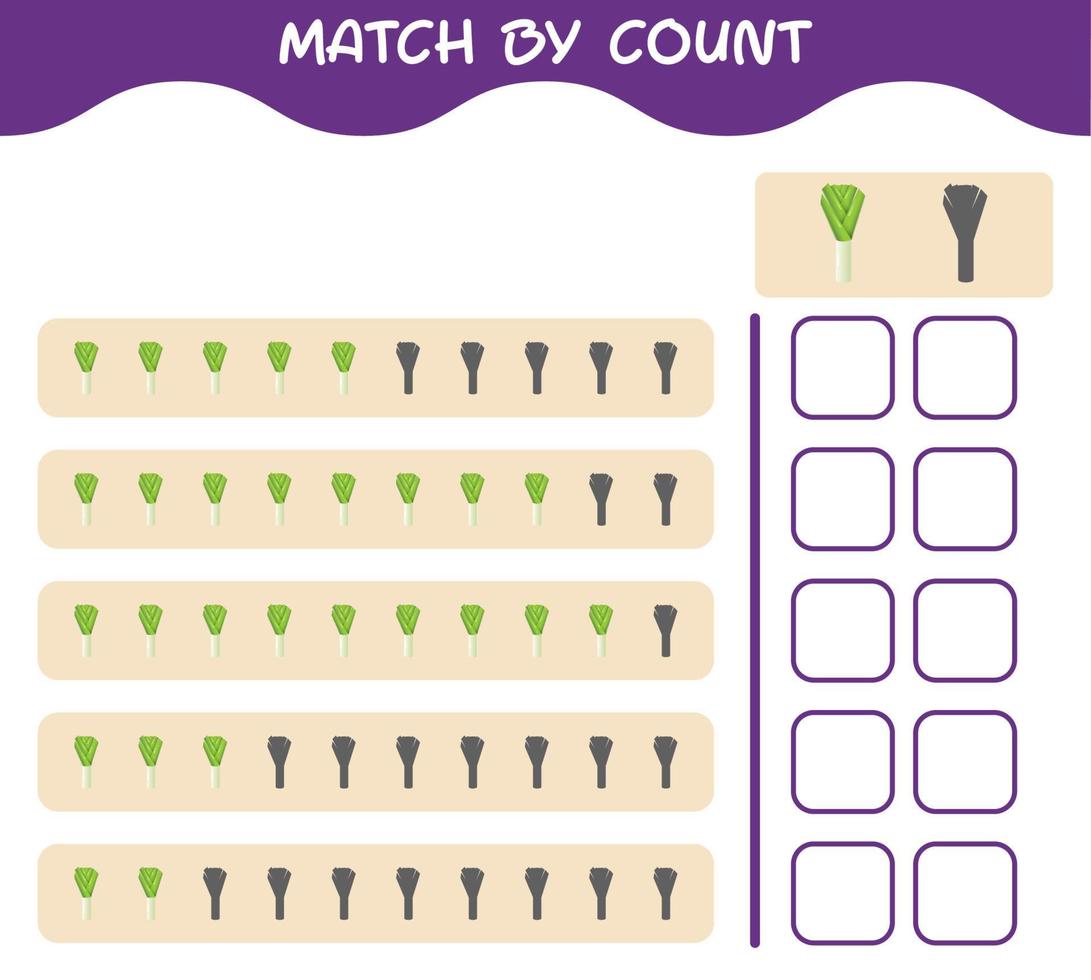 Match by count of cartoon leek. Match and count game. Educational game for pre shool years kids and toddlers vector