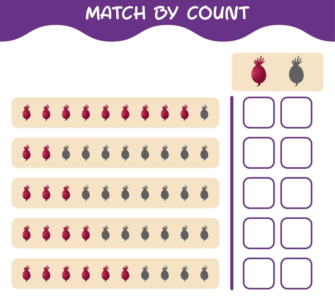Match by count of cartoon beet. Match and count game. Educational game for pre shool years kids and toddlers vector