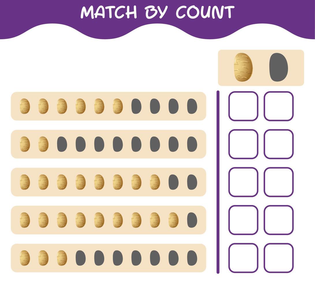 Match by count of cartoon potato. Match and count game. Educational game for pre shool years kids and toddlers vector