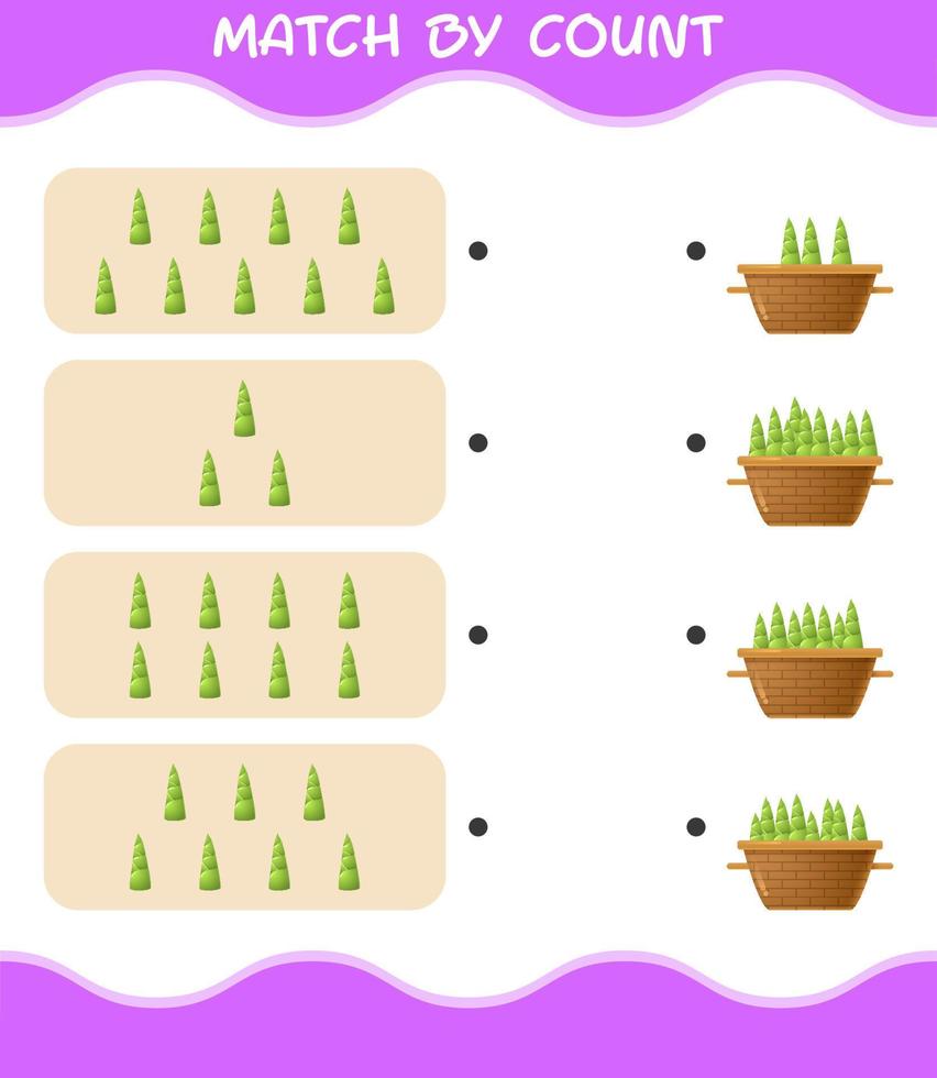 Match by count of cartoon bamboo shoot. Match and count game. Educational game for pre shool years kids and toddlers vector