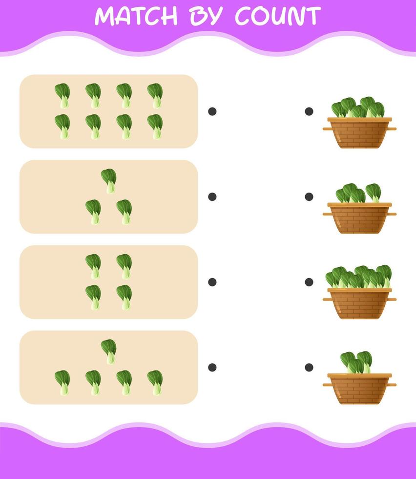 Match by count of cartoon bok choy. Match and count game. Educational game for pre shool years kids and toddlers vector