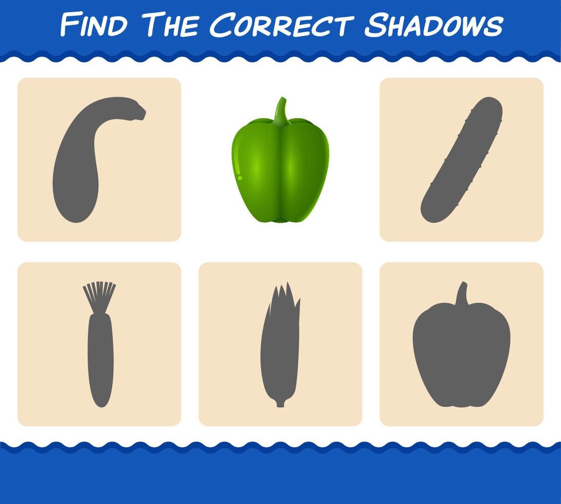 encuentra las sombras correctas del pimiento de dibujos animados. juego de búsqueda y emparejamiento. juego educativo para niños y niños pequeños en edad preescolar vector