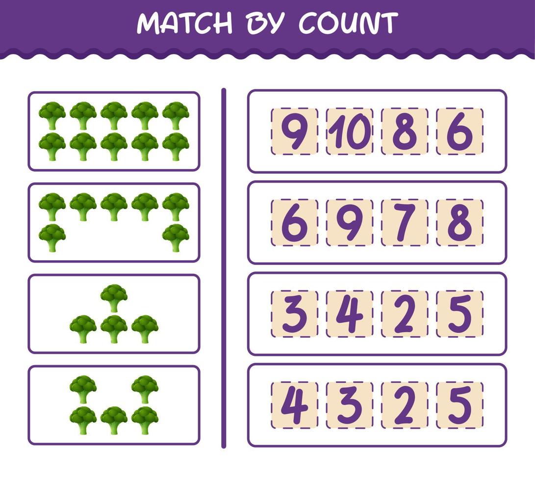 Match by count of cartoon broccoli. Match and count game. Educational game for pre shool years kids and toddlers vector