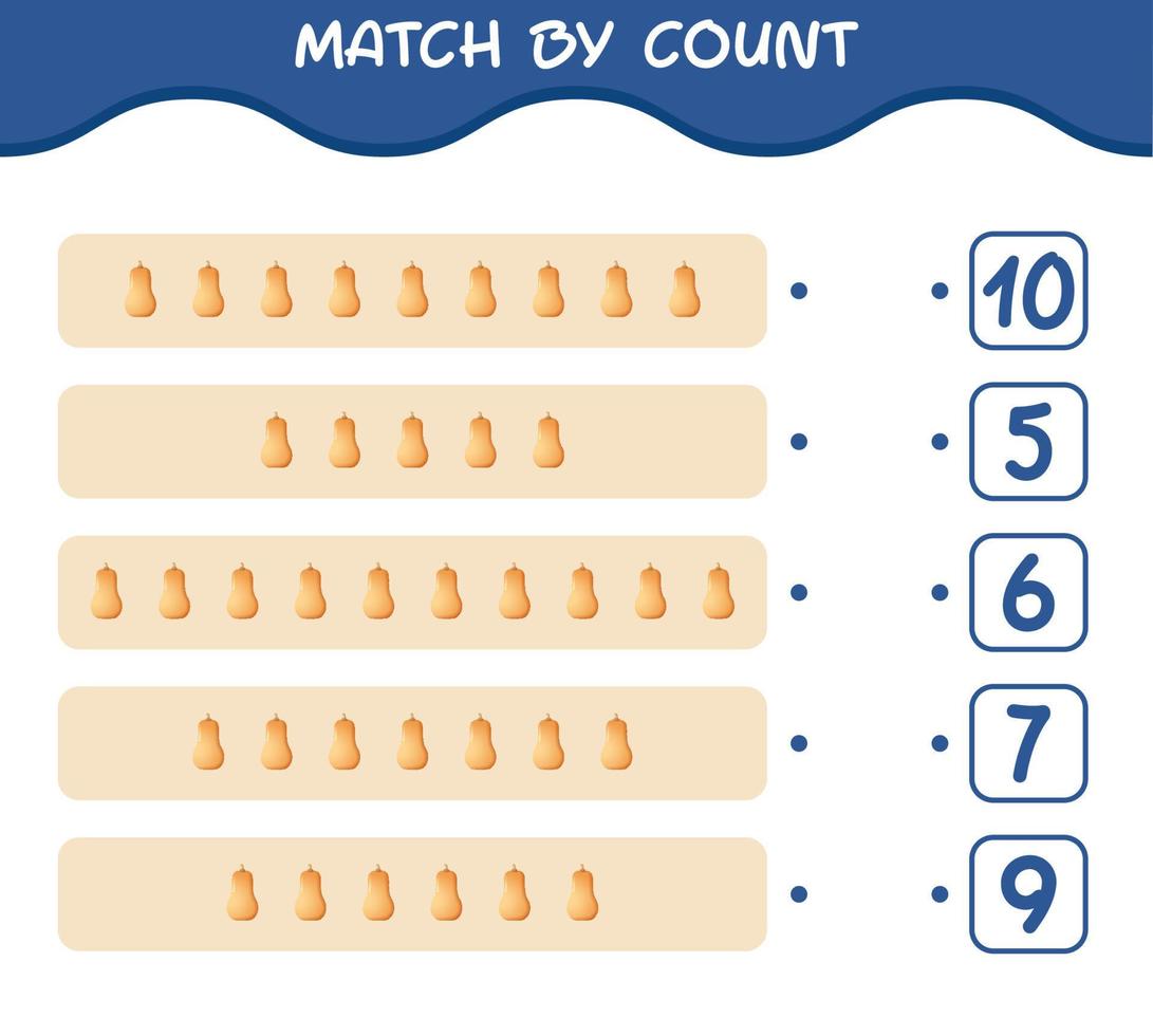 Match by count of cartoon butternut squash. Match and count game. Educational game for pre shool years kids and toddlers vector