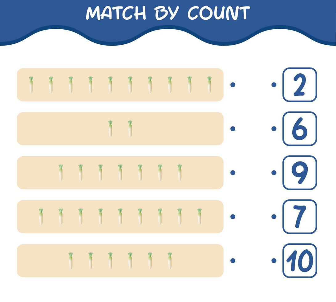 Match by count of cartoon daikon. Match and count game. Educational game for pre shool years kids and toddlers vector