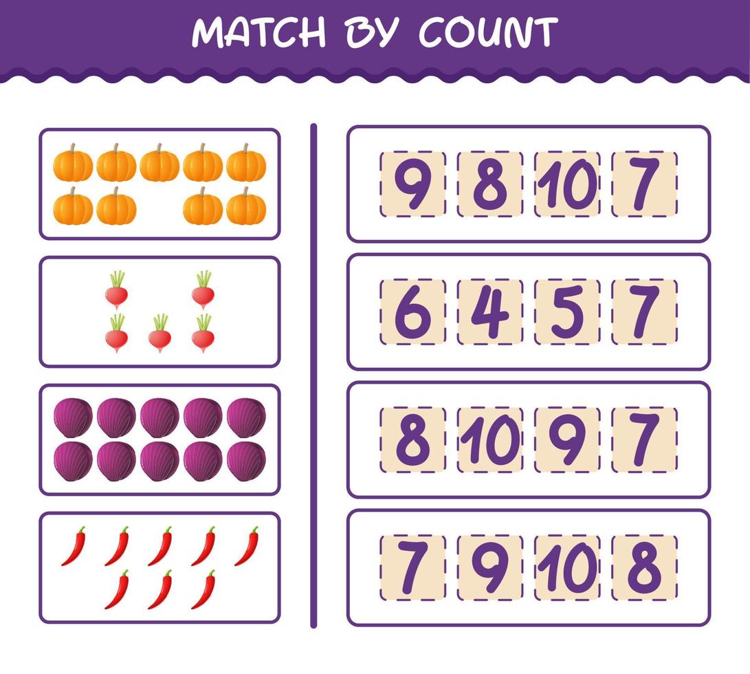 Match by count of cartoon vegetables. Match and count game. Educational game for pre shool years kids and toddlers vector