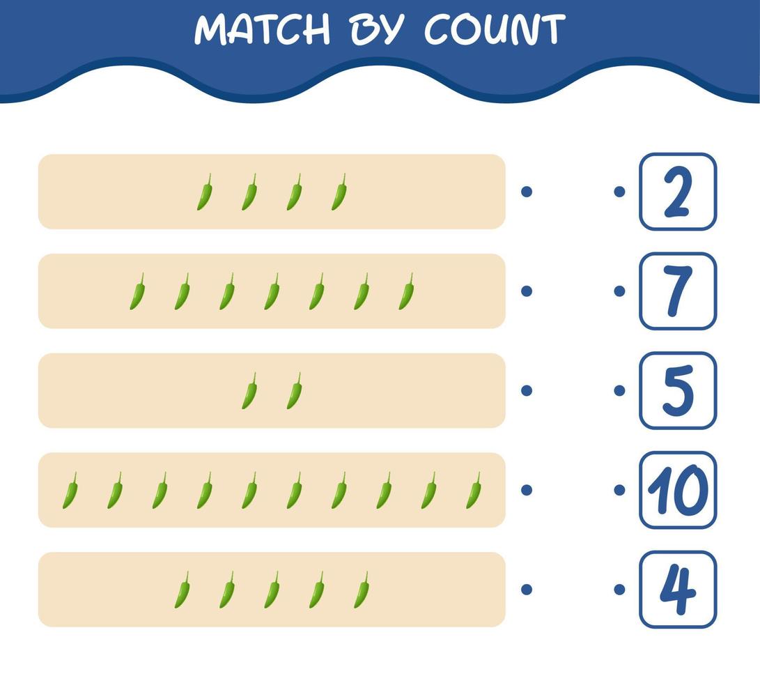 Match by count of cartoon green chilli. Match and count game. Educational game for pre shool years kids and toddlers vector