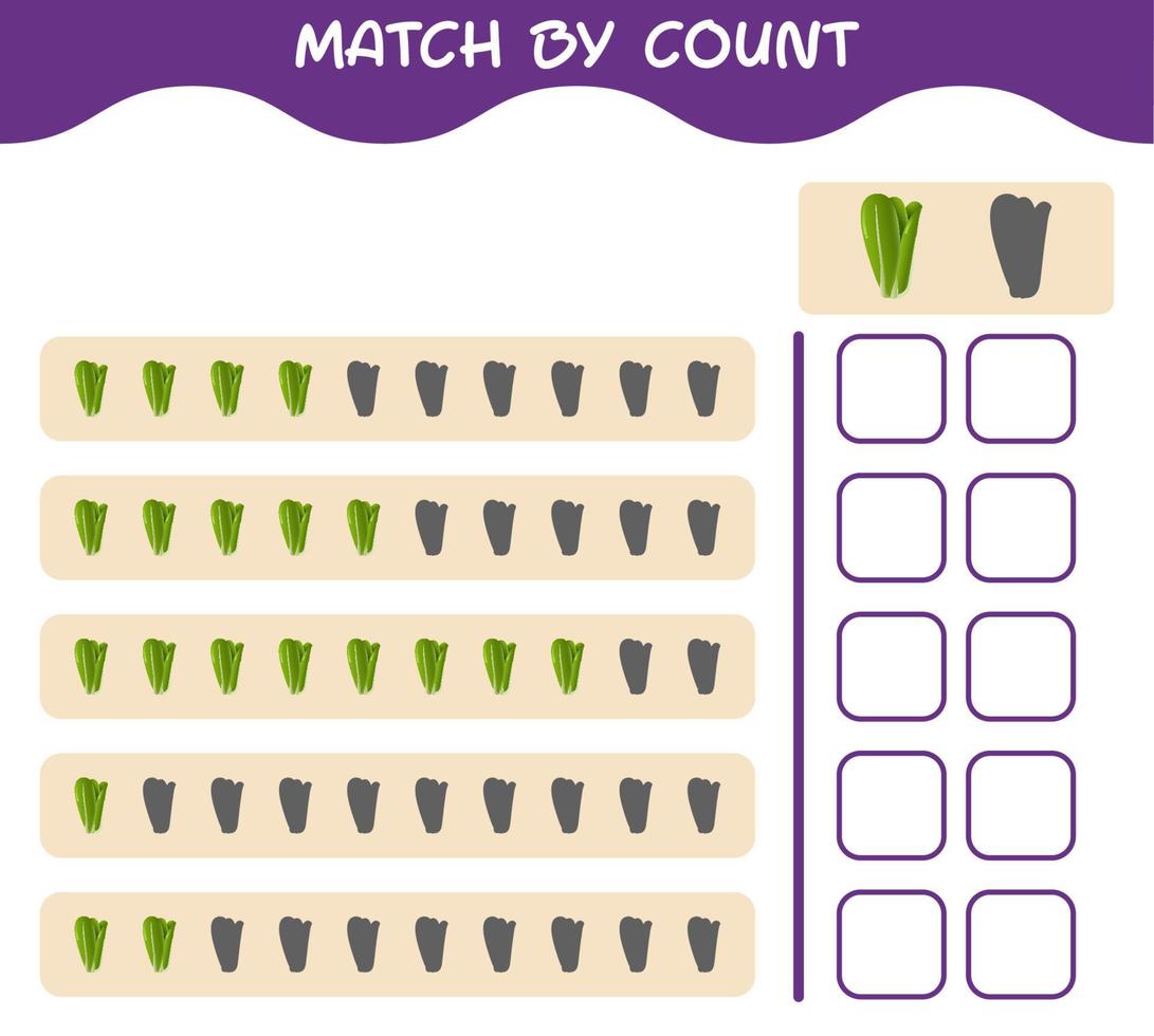 Match by count of cartoon lettuce. Match and count game. Educational game for pre shool years kids and toddlers vector