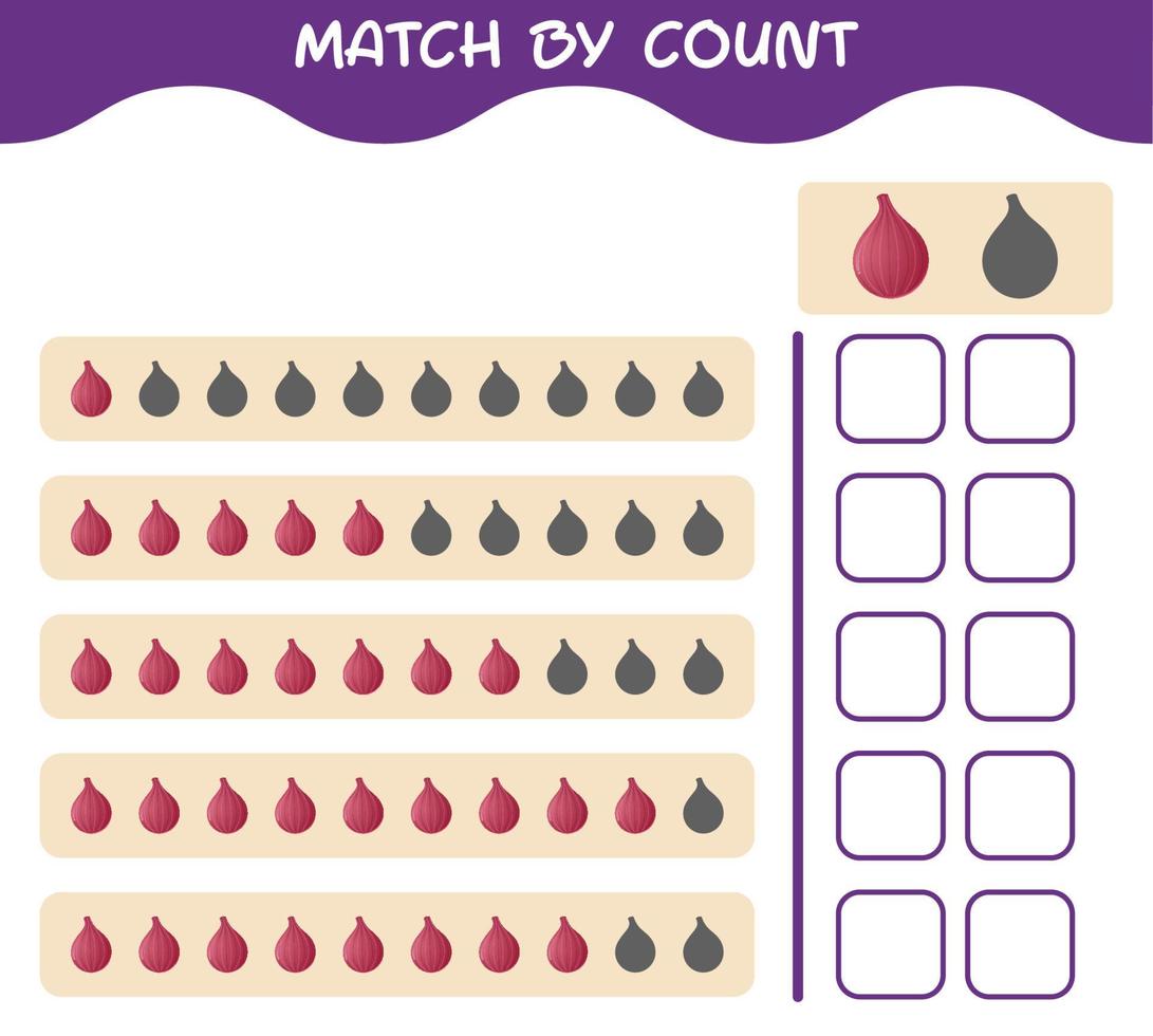 Match by count of cartoon red onion. Match and count game. Educational game for pre shool years kids and toddlers vector