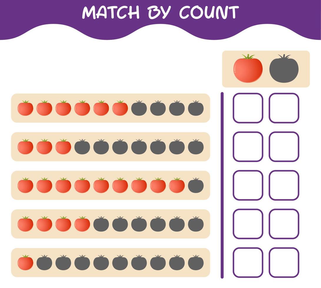 Match by count of cartoon tomato. Match and count game. Educational game for pre shool years kids and toddlers vector