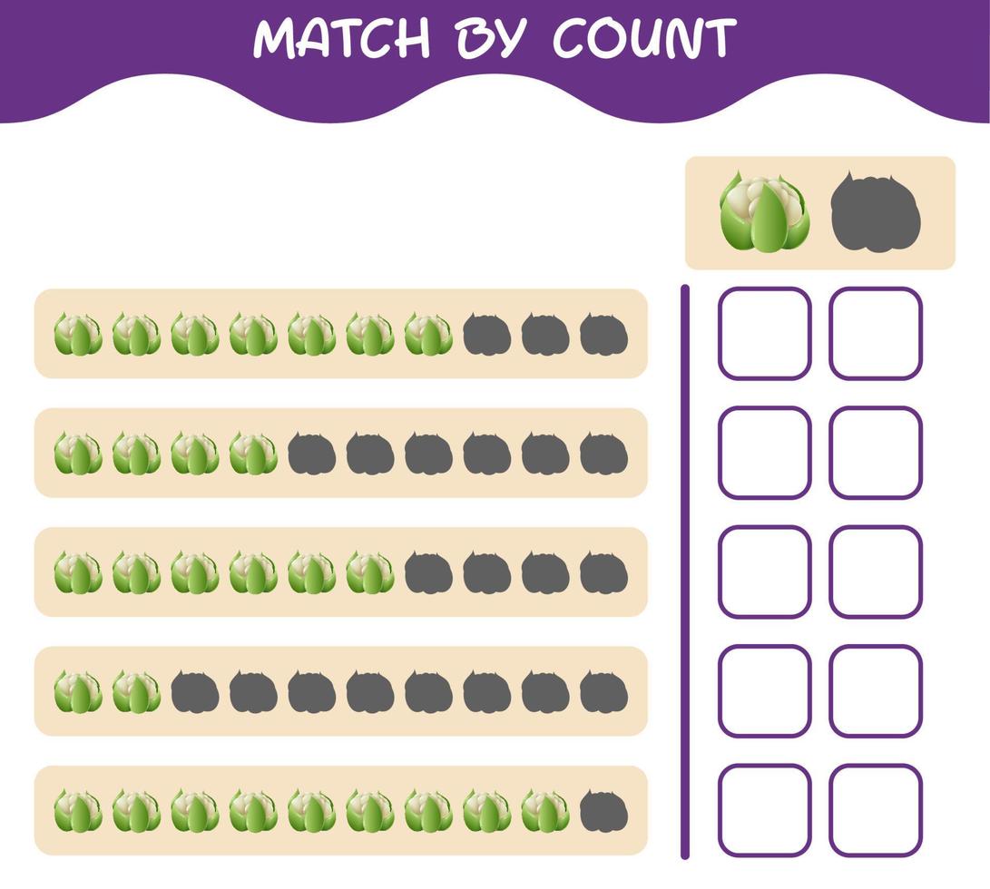 Match by count of cartoon cauliflower. Match and count game. Educational game for pre shool years kids and toddlers vector