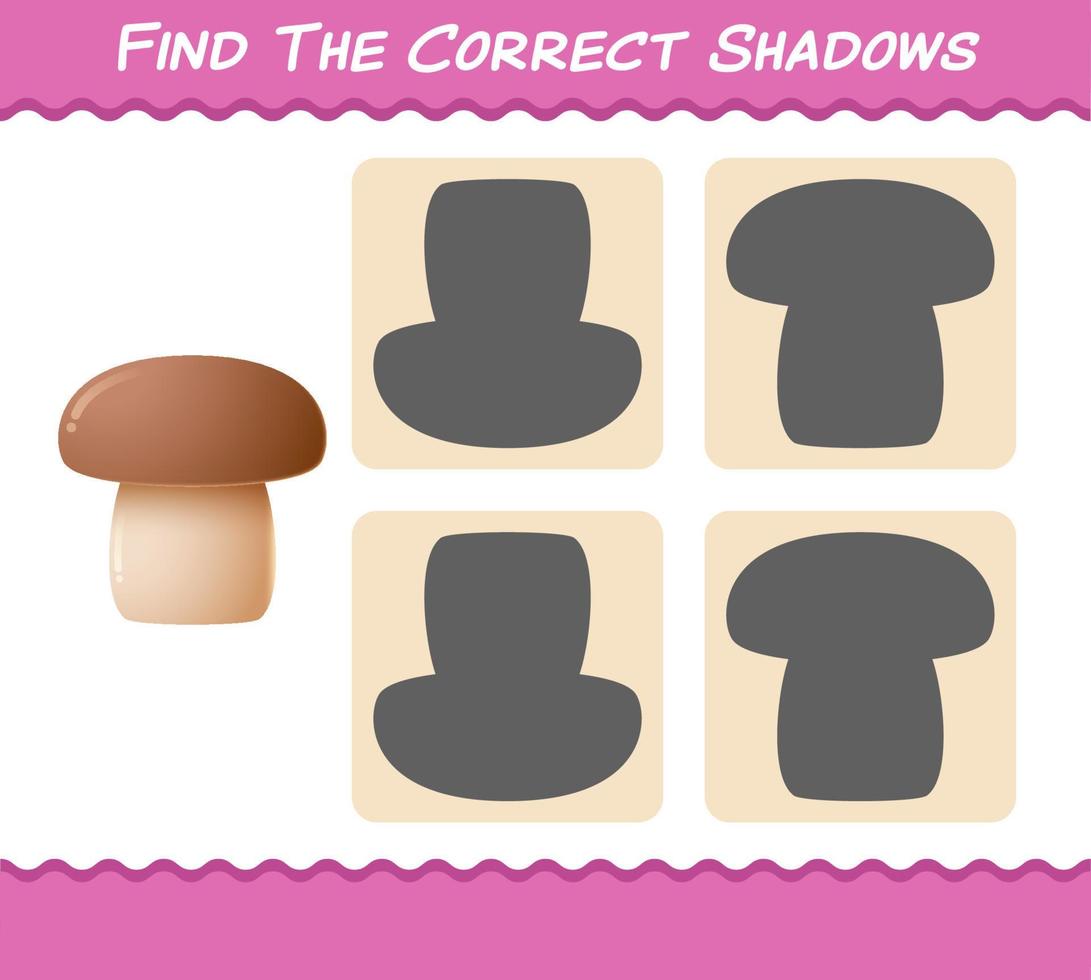 encuentra las sombras correctas del hongo de dibujos animados. juego de búsqueda y emparejamiento. juego educativo para niños de edad preescolar y niños pequeños vector