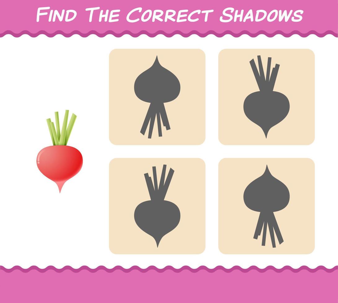 Find the correct shadows of cartoon radish. Searching and Matching game. Educational game for pre shool years kids and toddlers vector