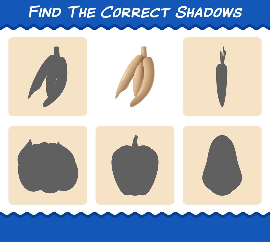 Find the correct shadows of cartoon cassava. Searching and Matching game. Educational game for pre shool years kids and toddlers vector