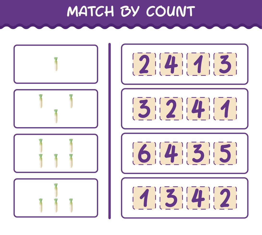 Match by count of cartoon daikon. Match and count game. Educational game for pre shool years kids and toddlers vector
