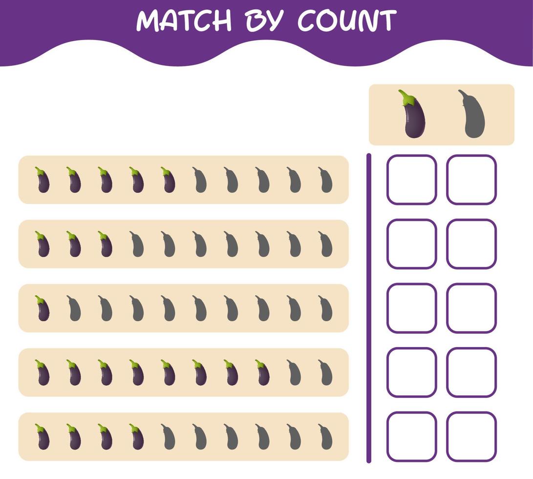 Match by count of cartoon eggplant. Match and count game. Educational game for pre shool years kids and toddlers vector
