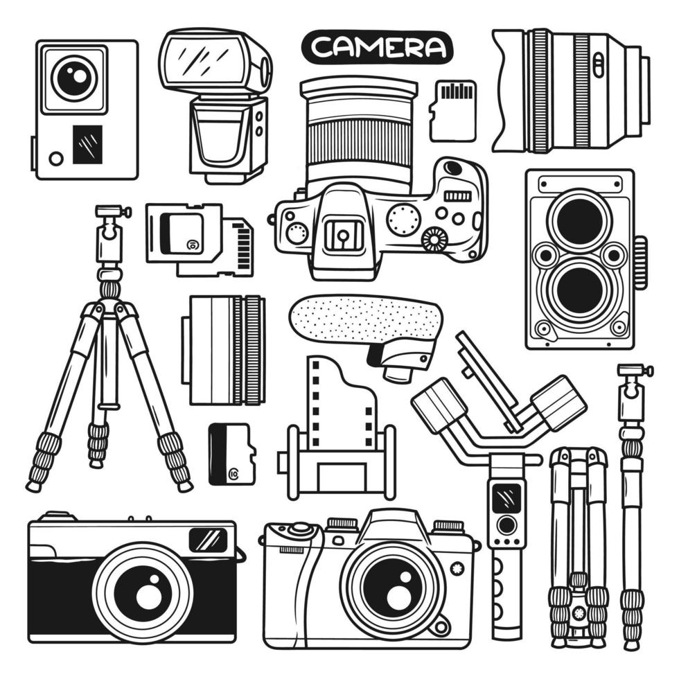 Set Camera Element Hand Drawn Doodle vector