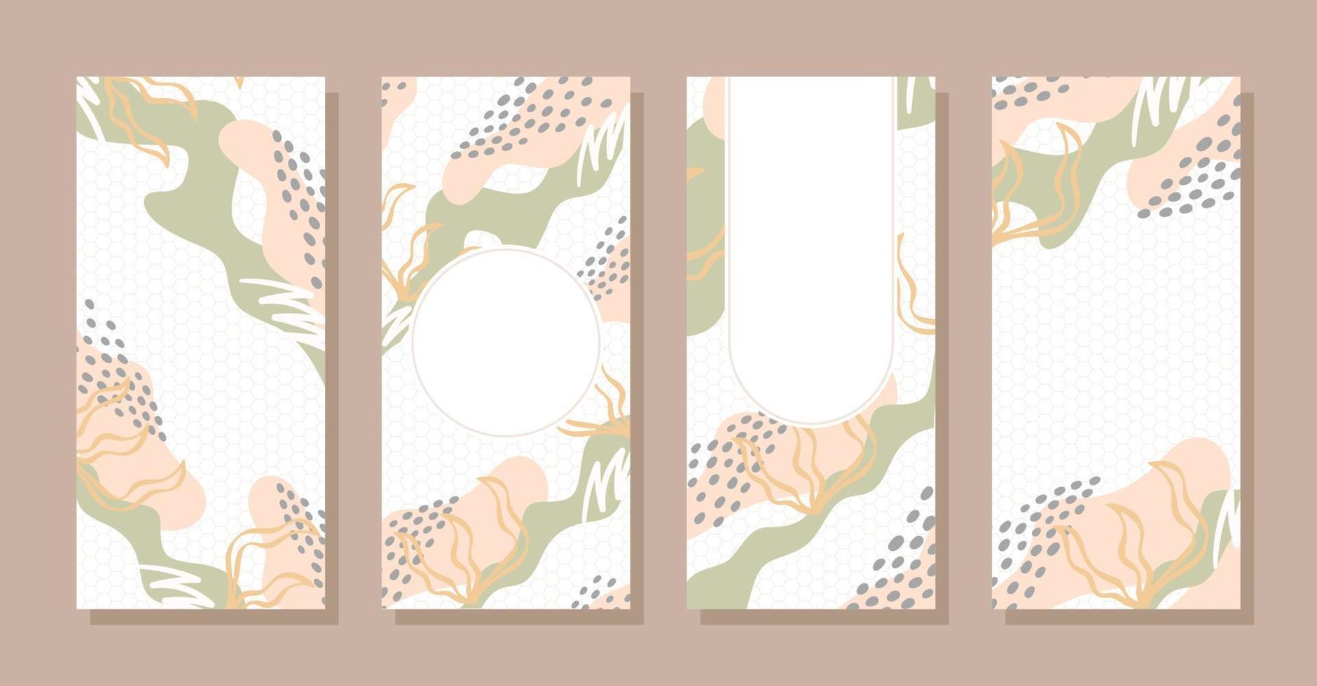 Set Stories colorful Memphis modern abstract shapes green pink with hexagon backgrounds vector