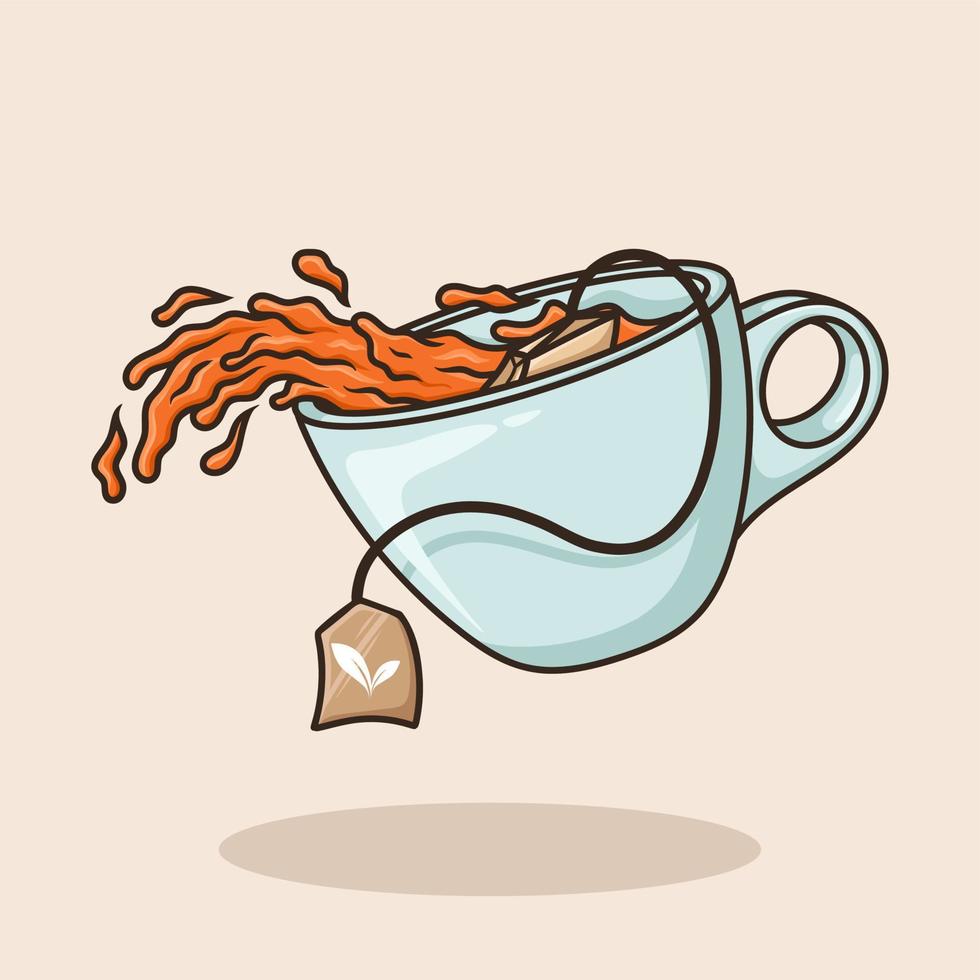 Teabag From Spilled Cup. A cup of tea Object concept Cartoon Icon Vector