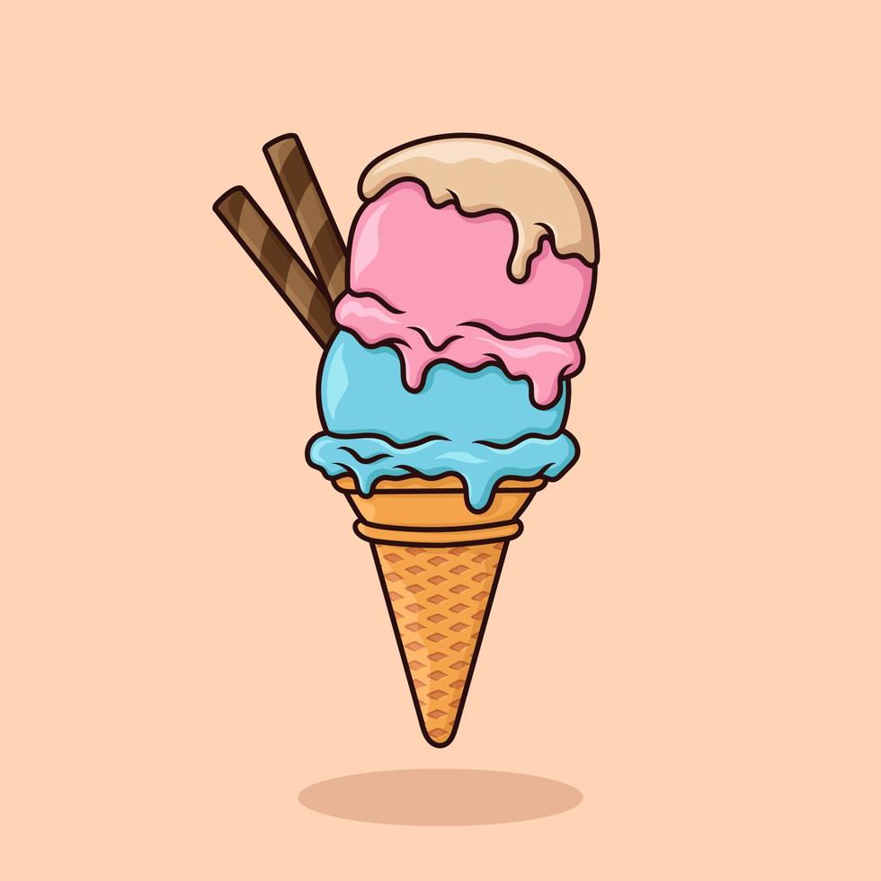 cono de helado de tres capas con vector de dibujos animados de palo de oblea