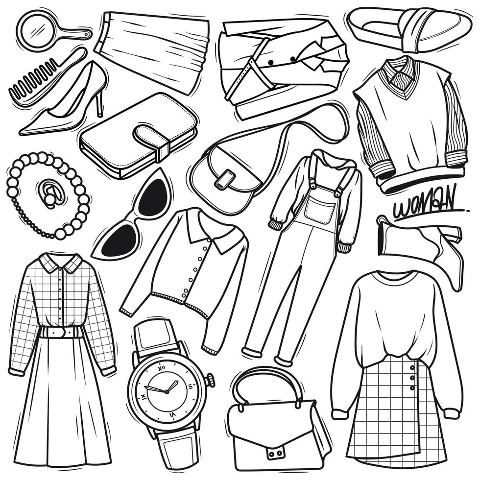 Hand drawn Woman clothing doodle vector set