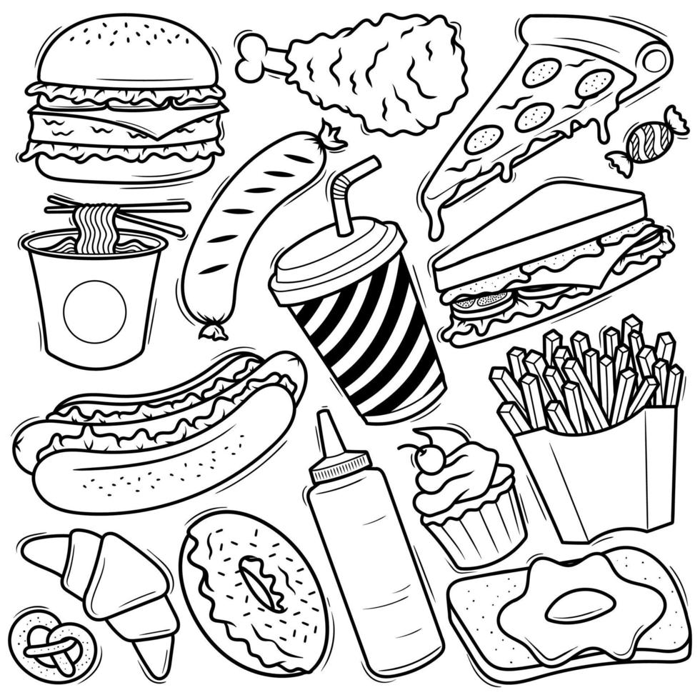 conjunto de vector de doodle de comida rápida dibujado a mano