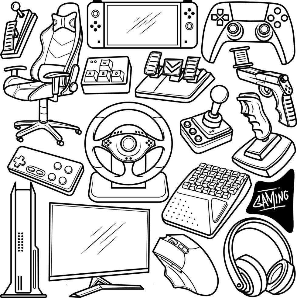 Set Gaming Setup Hand Drawn Doodle vector