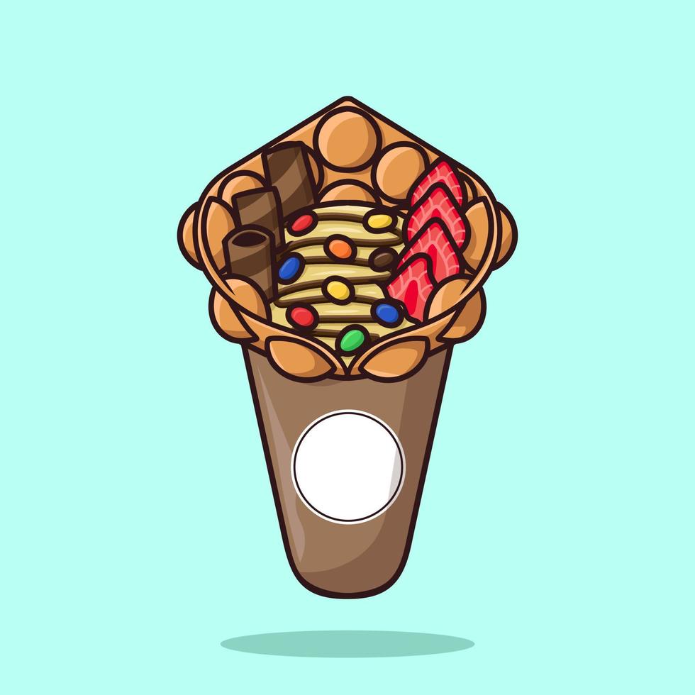 cono de gofre de burbujas de helado con caramelos, palitos de oblea y rodajas de fresa ilustración vectorial de dibujos animados vector